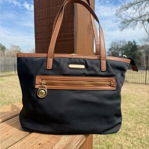 Michael Kors Black Nylon Tote Bag Brown Leather Trim